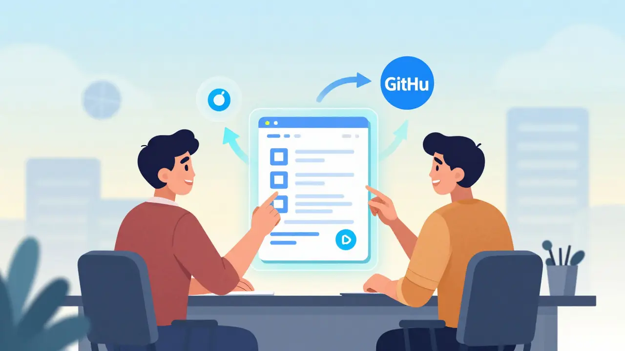 Two people collaborating on a holographic app with GitHub synchronization symbols.