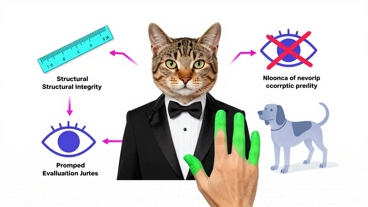 Analytical icons evaluating AI-generated cat image