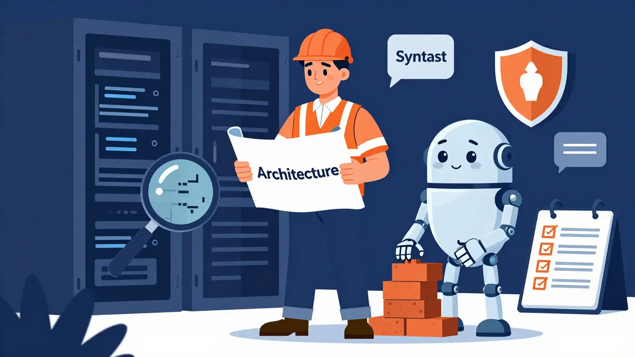 Cartoon of developer and AI collaborator focusing on architecture and security