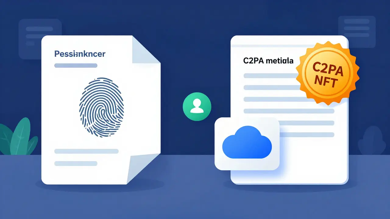 Comparison of embedded watermark vs detachable C2PA metadata seal