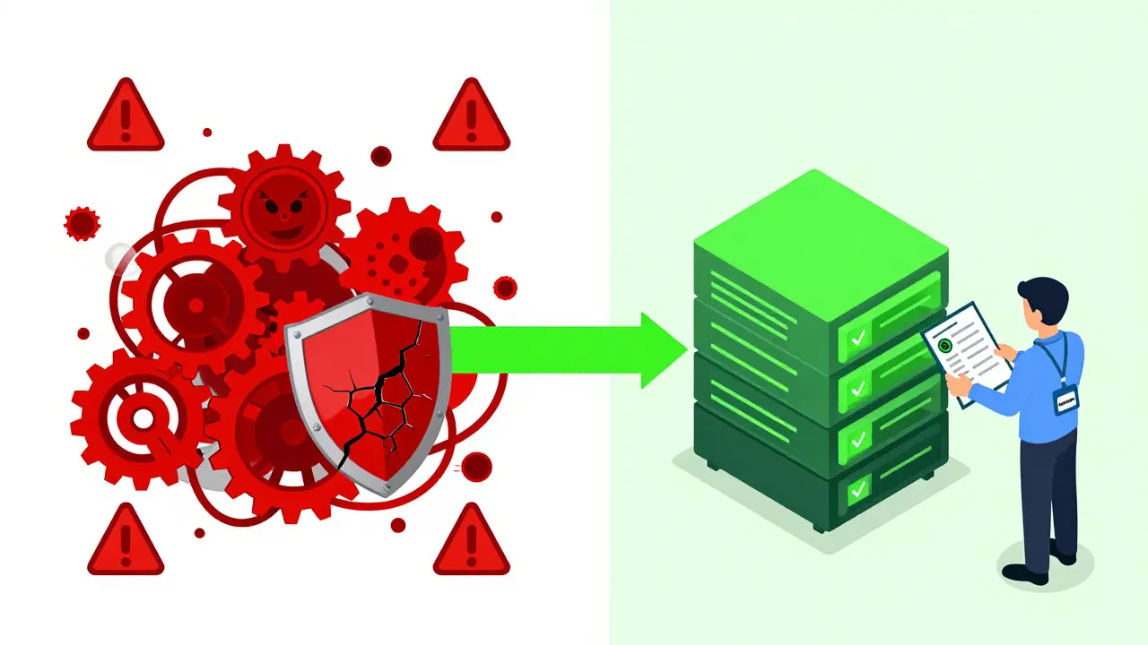 Comparison of risky unreviewed code vs safe reviewed workflow