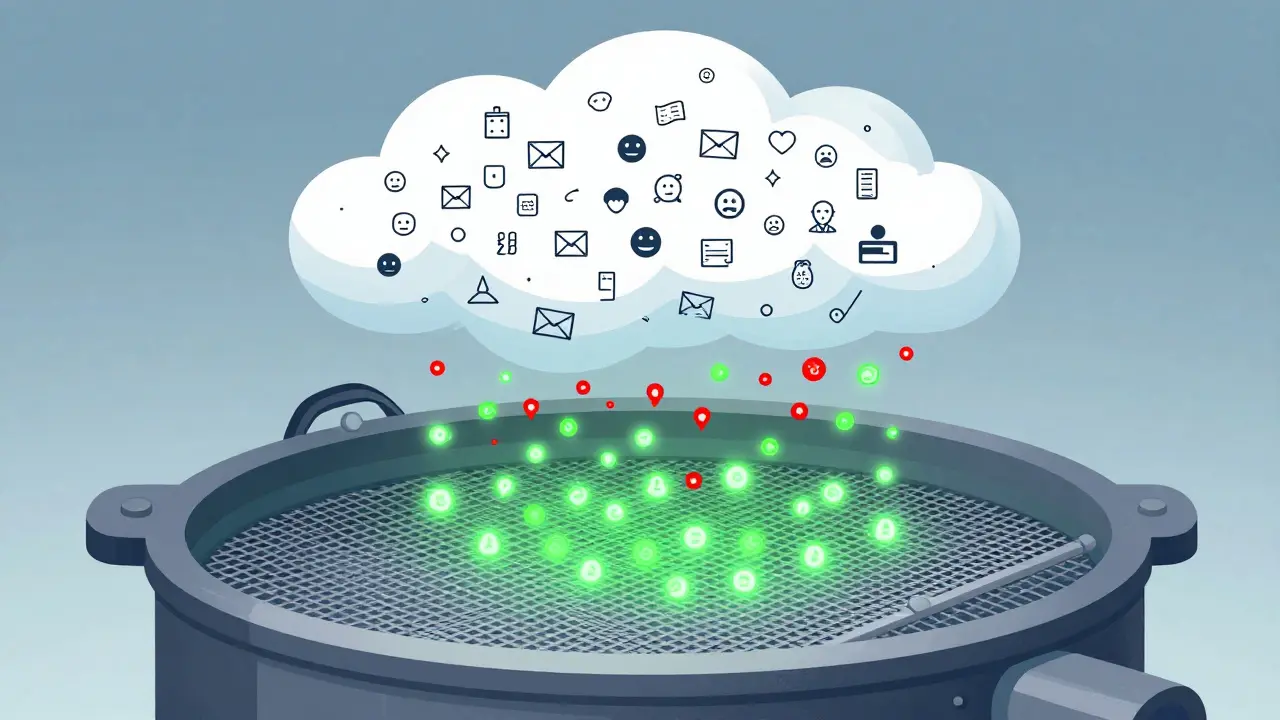 Conceptual art depicting a filter separating clean data from noisy internet content for training.