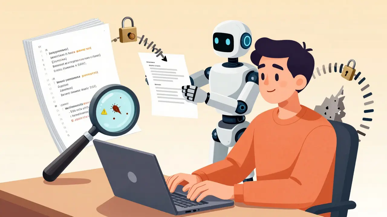 Developer trusting AI code while hidden security risks remain unseen.