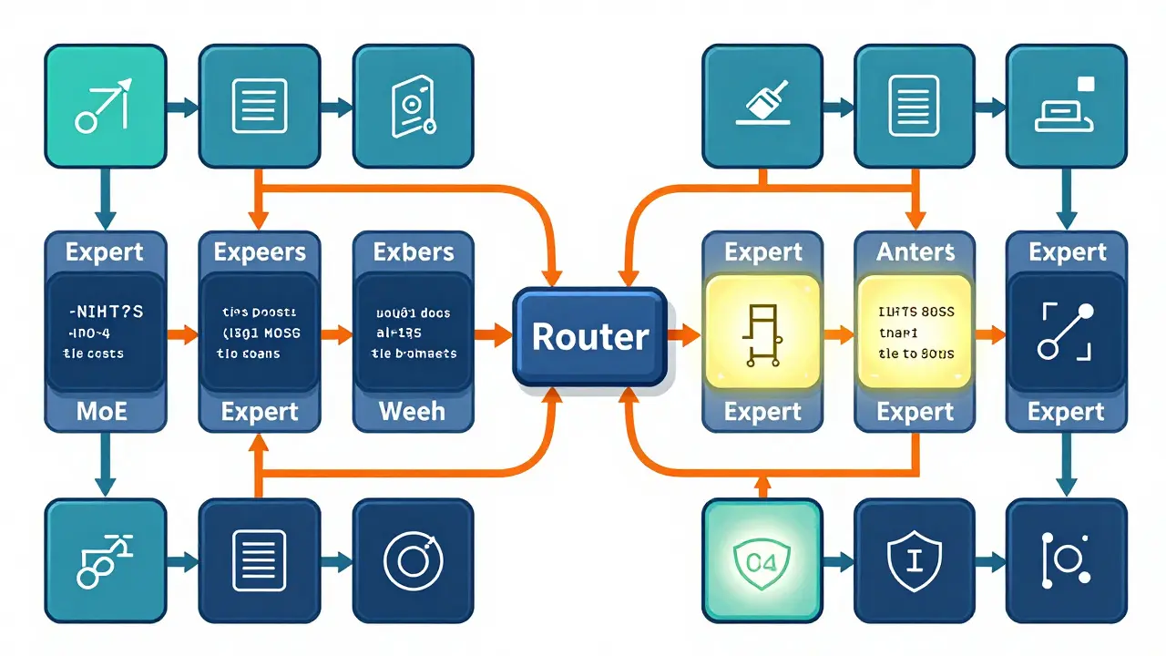 Diagram of an MoE router selecting specific expert modules for processing data tokens.