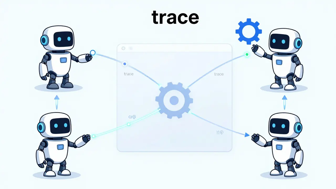 Diagram of multi-agent system workflow with visible tracing paths and tool interactions.