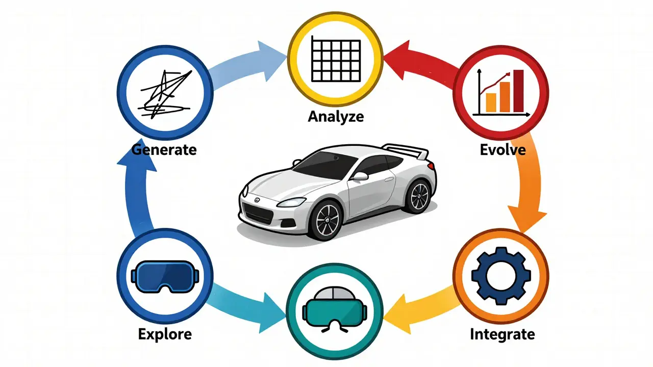 Diagram of six-stage AI design workflow with icons