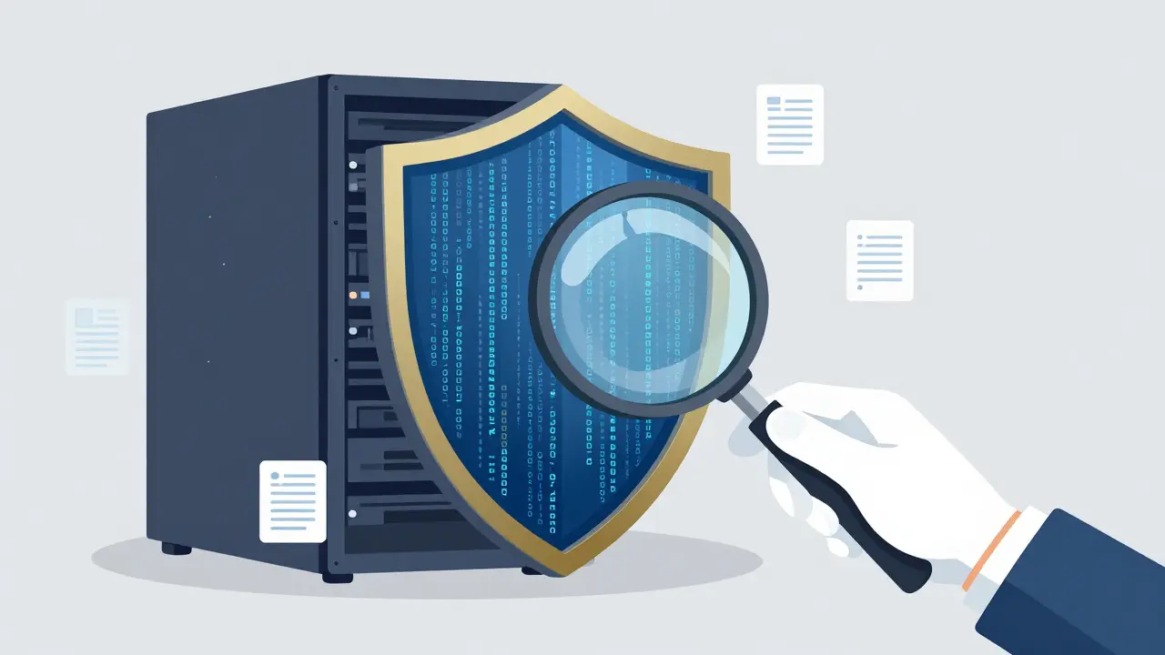 Digital shield protecting servers under audit inspection with compliance icons