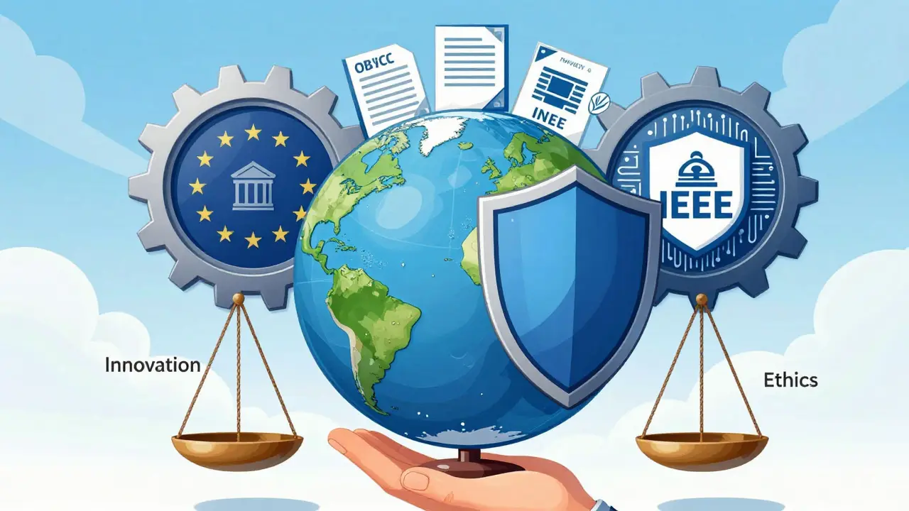 Globe surrounded by interlocking gears representing global AI ethics frameworks.