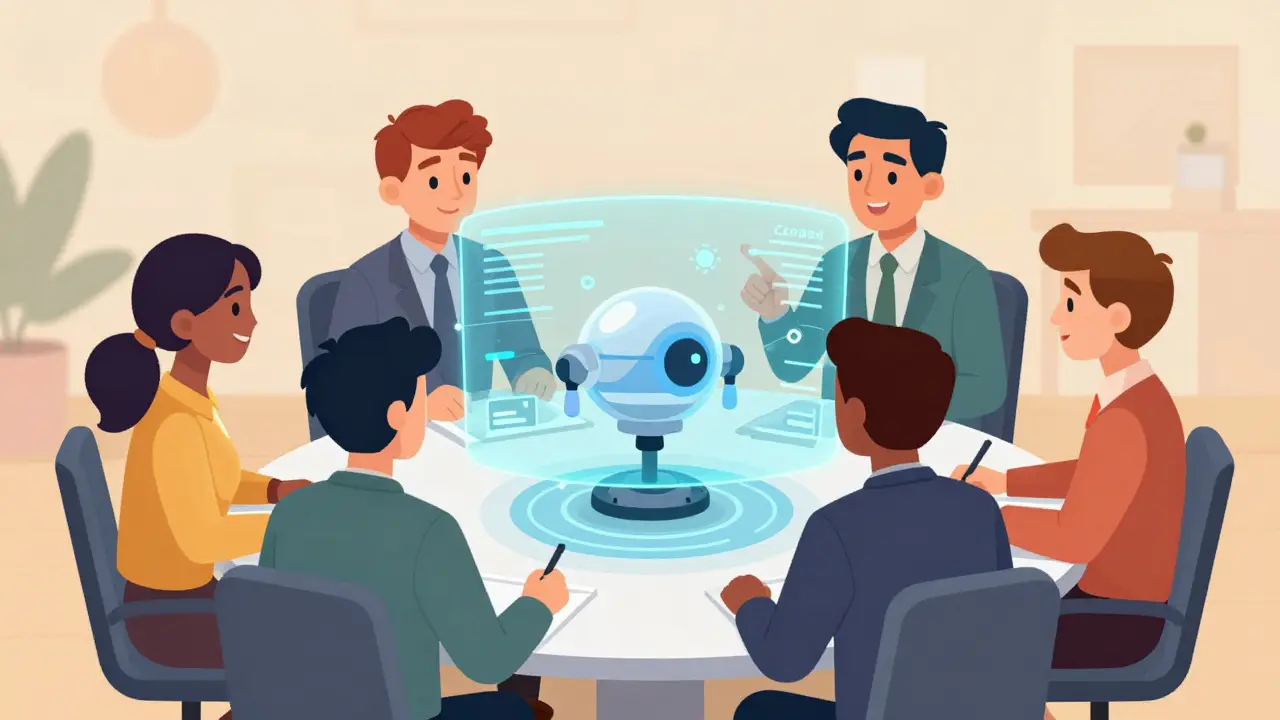Humans reviewing AI-generated data on a holographic display together.