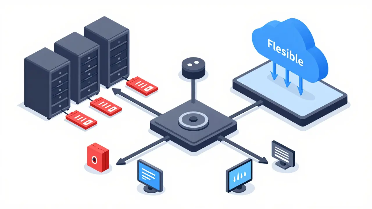 Hybrid AI routing diagram showing secure local and flexible cloud paths