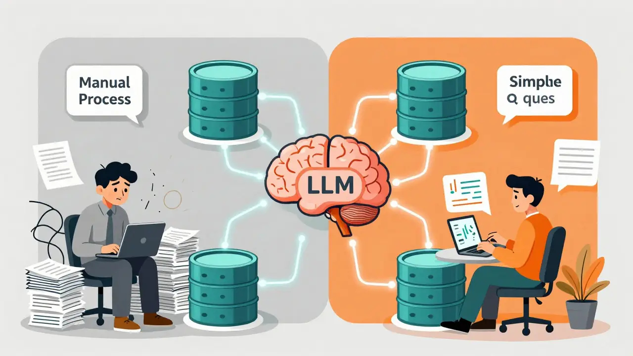 Illustration comparing manual data work with efficient AI-assisted analytics processes.
