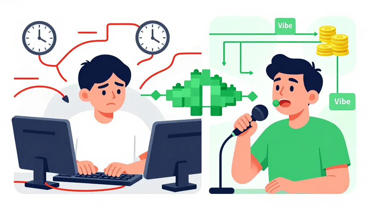 Illustration contrasting manual coding frustration with AI voice coding ease