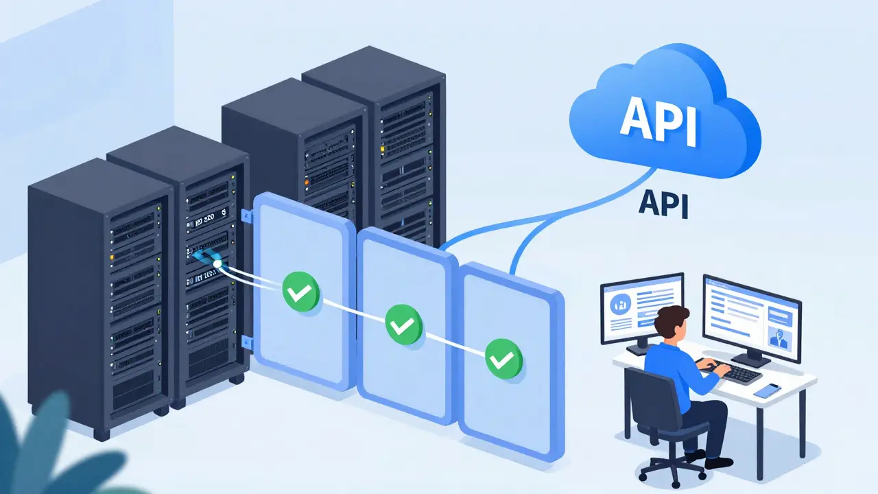 Illustration of a hybrid AI strategy combining cloud APIs and secure self-hosted servers for optimal performance.