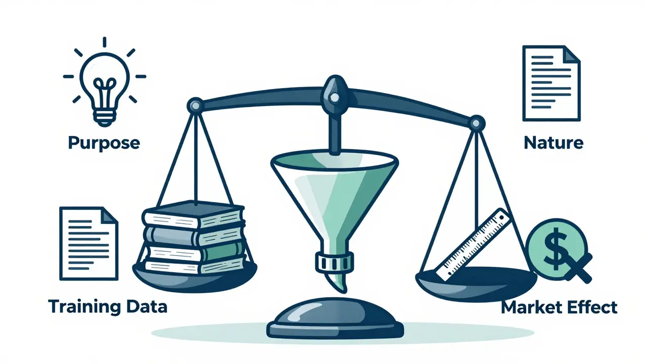 Illustration of a scale weighing fair use factors against AI training data ingestion.