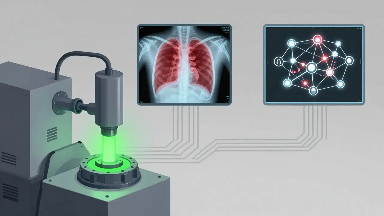 Illustration of AI applications in manufacturing, healthcare, and finance