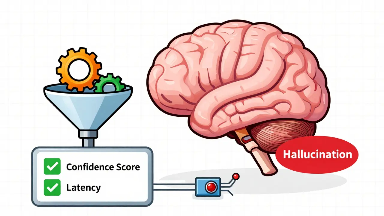 Illustration of an AI model being optimized for efficiency and monitored for errors in a schematic style.