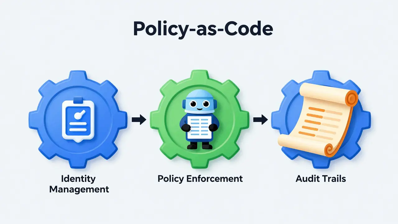 Illustration of three connected nodes representing AI policy enforcement layers.