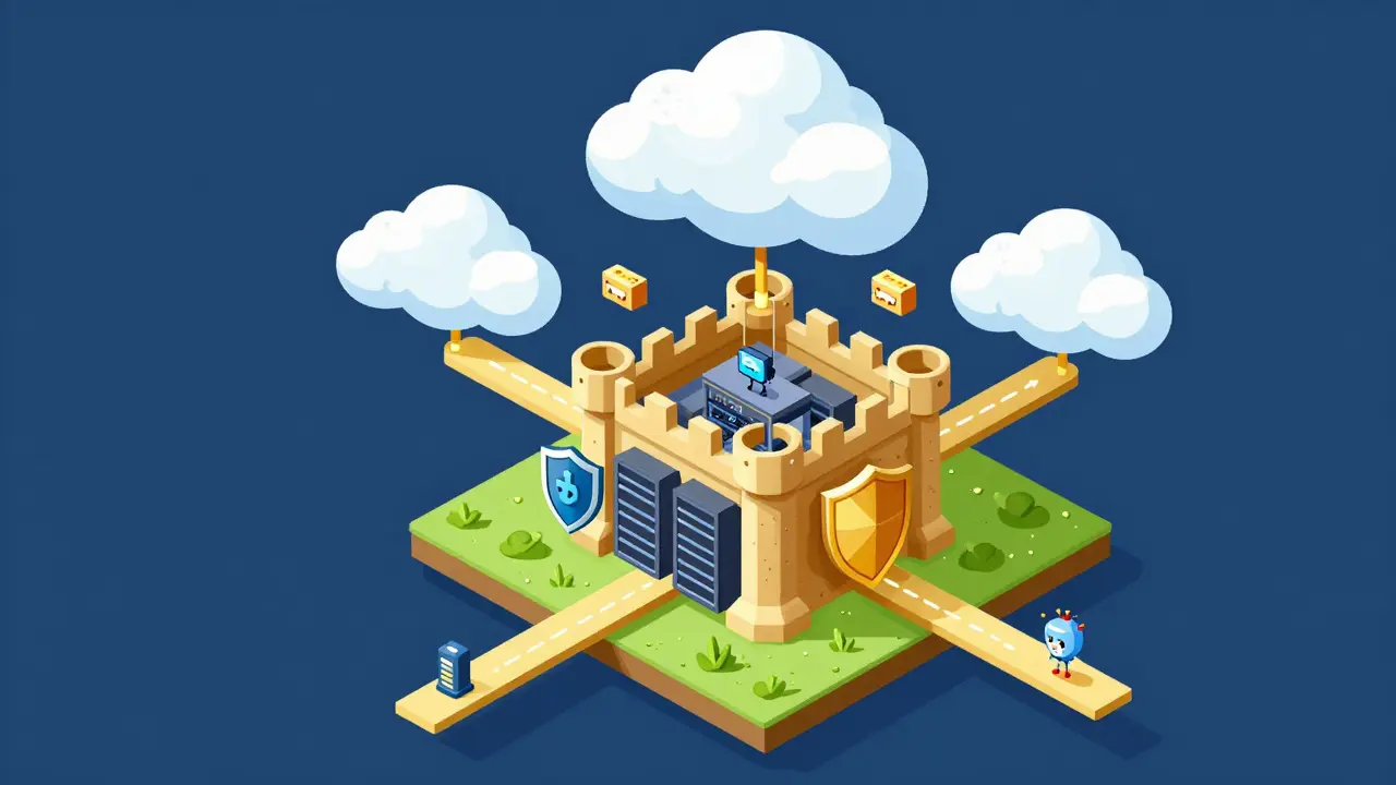 Isometric technical cartoon showing a hybrid AI setup connecting secure local servers to the cloud.