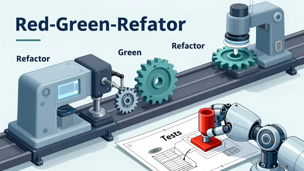 Mechanical assembly line illustrating the Red-Green-Refactor cycle of unit test first prompting.