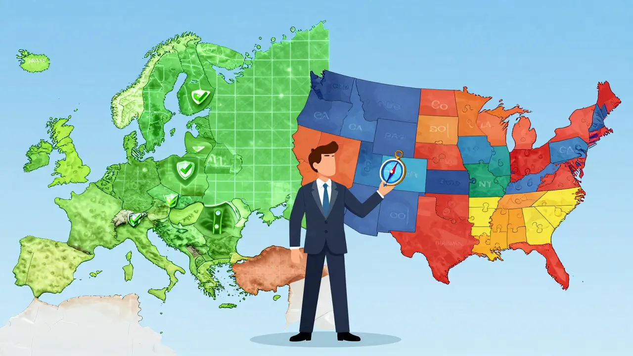 Split map showing unified EU regulations vs fragmented US state laws