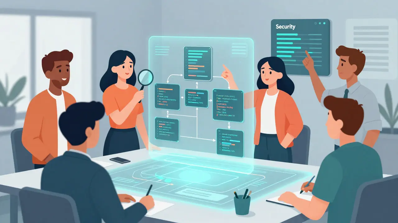 Team collaborating on software architecture with oversight