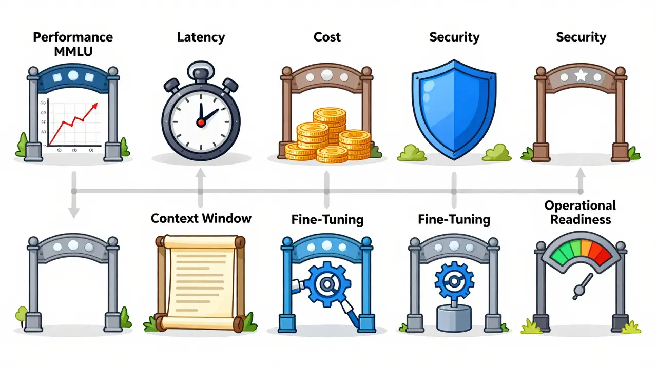 Technical diagram showing seven evaluation gates for migrating from LLM APIs to self-hosted models.
