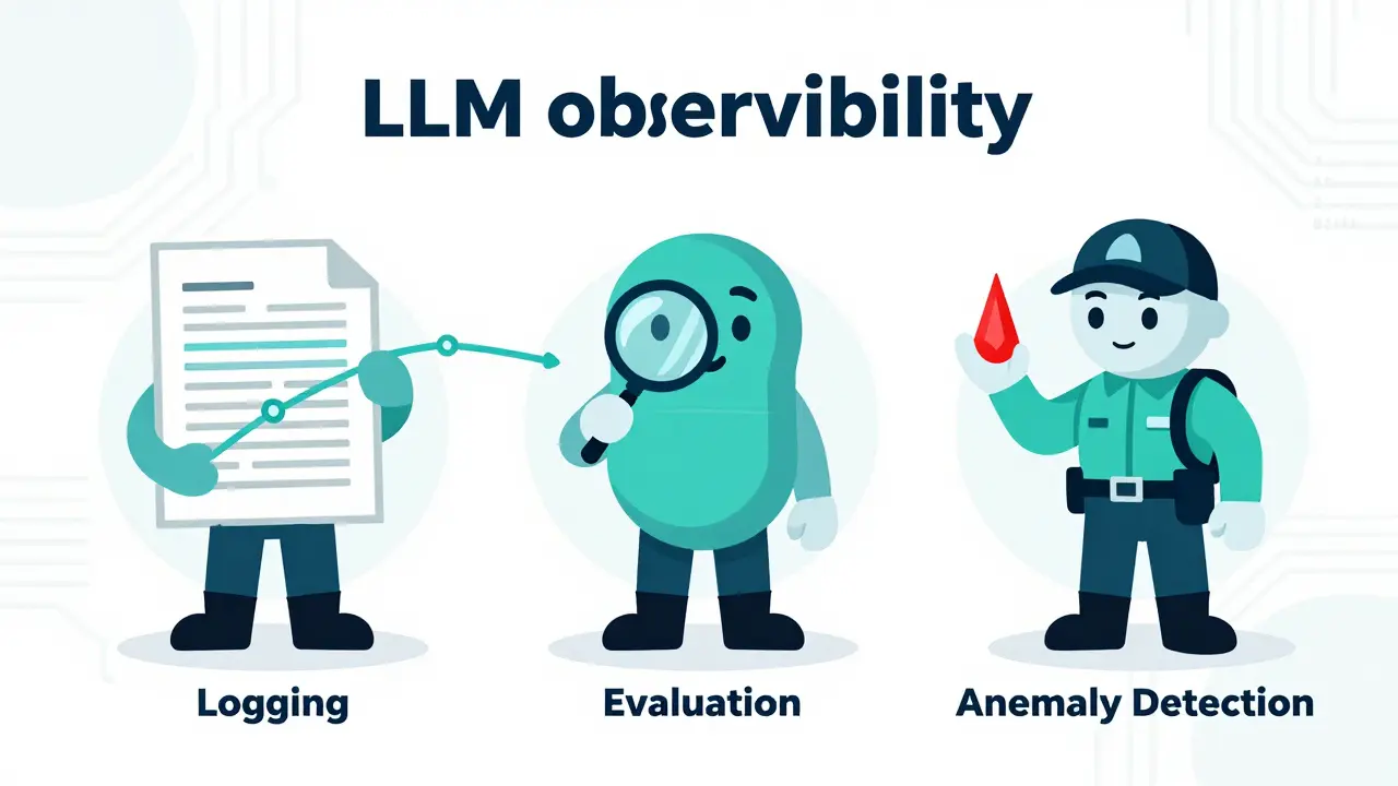 Technical drawing showing logging, evaluation, and anomaly detection pillars for AI agents.