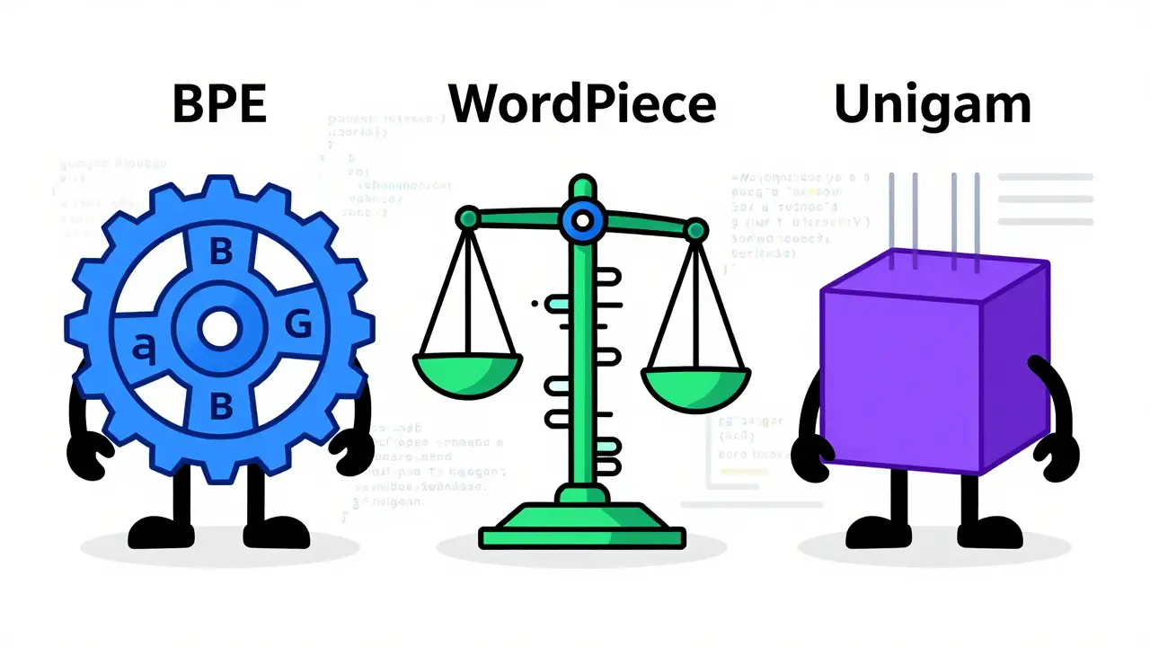 Three illustrated gears and blocks representing BPE, WordPiece, and Unigram algorithms.