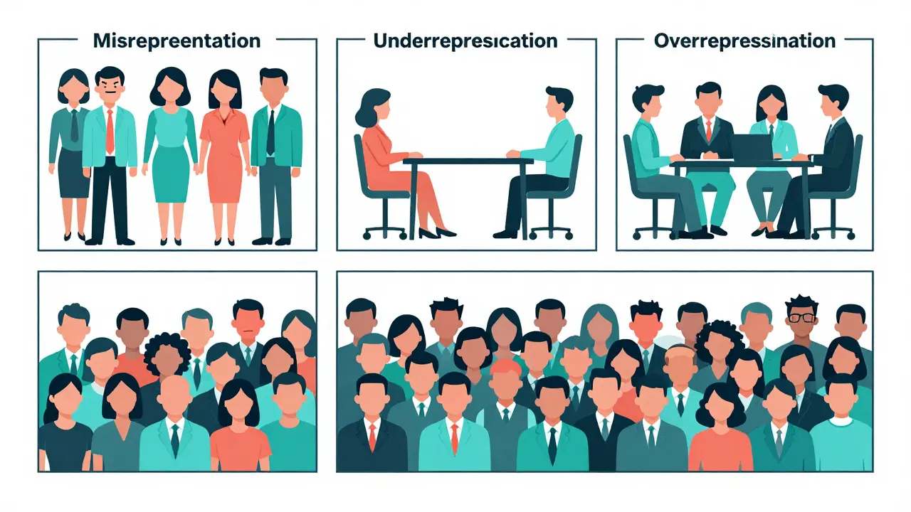 Three-panel technical illustration depicting misrepresentation, underrepresentation, and overrepresentation in AI.