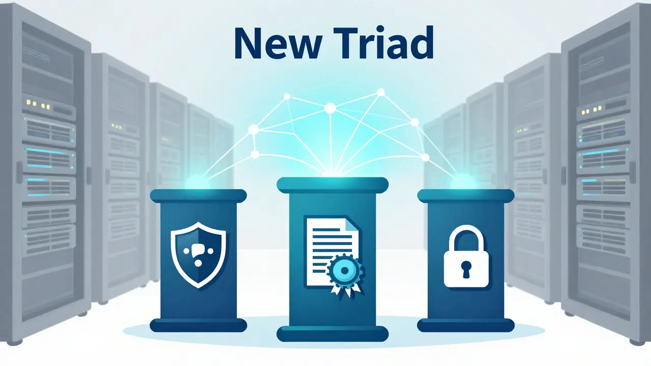 Three pillars supporting an AI network structure diagram