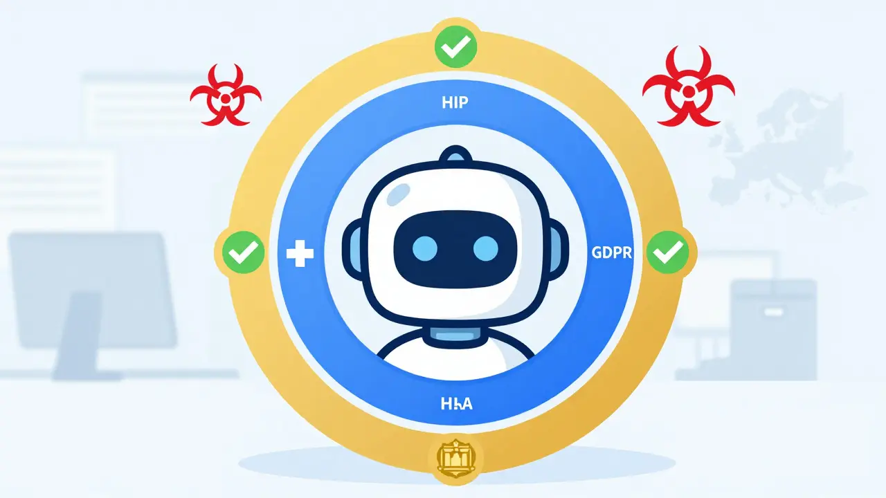 Abstract AI model surrounded by colored rings representing HIPAA, GDPR, and FedRAMP compliance.