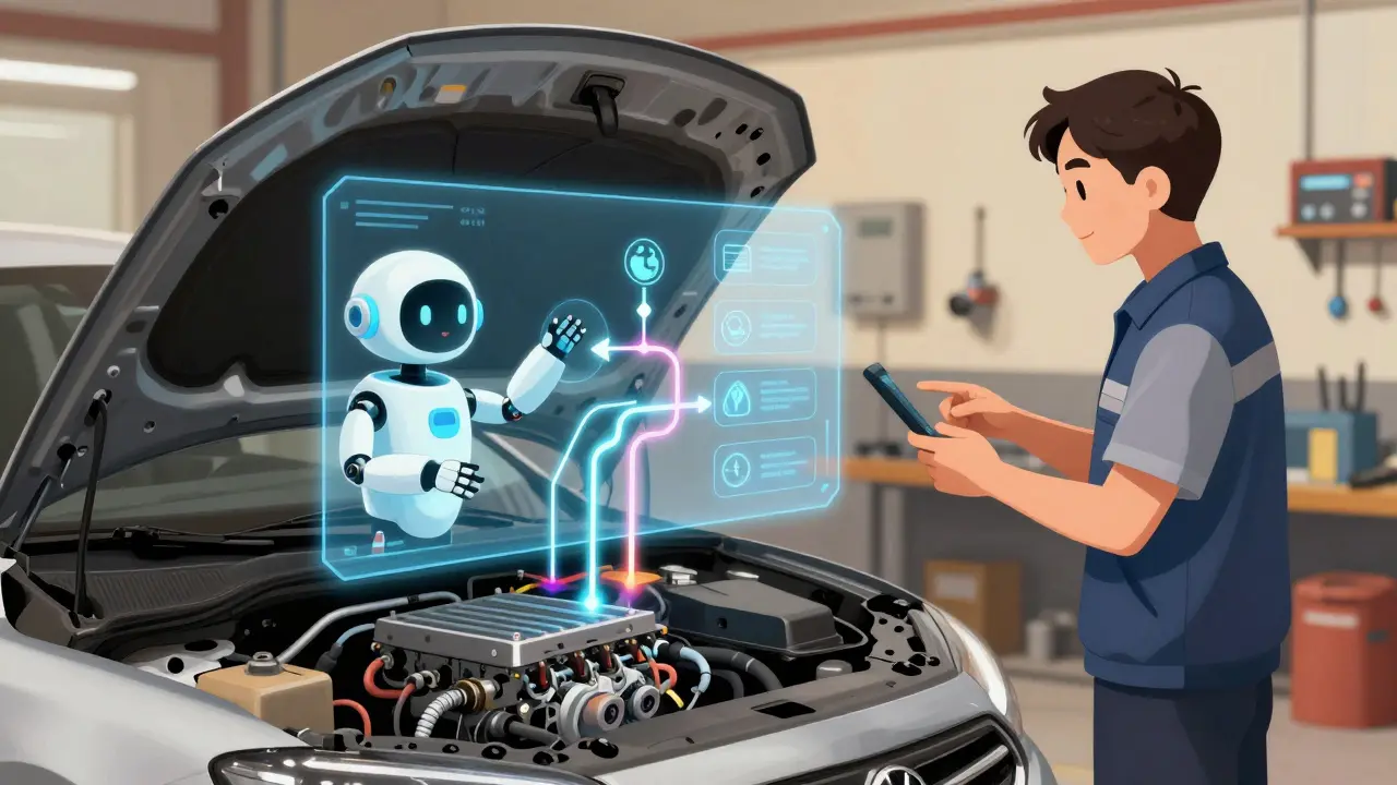 Cartoon mechanic using AI assistant for vehicle diagnostics