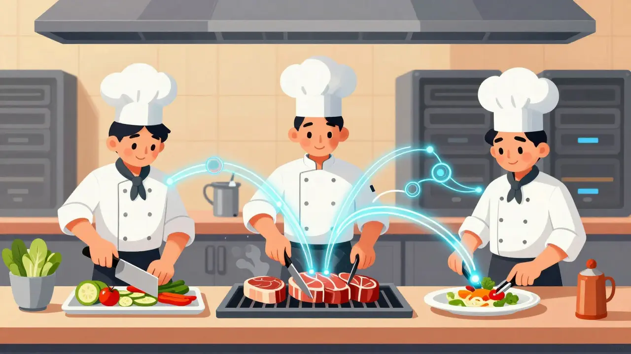 Chefs coordinating tasks in a kitchen representing tensor parallelism