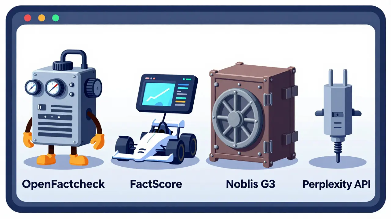 Comparison of four AI fact-checking tools depicted as distinct technical modules on a dashboard