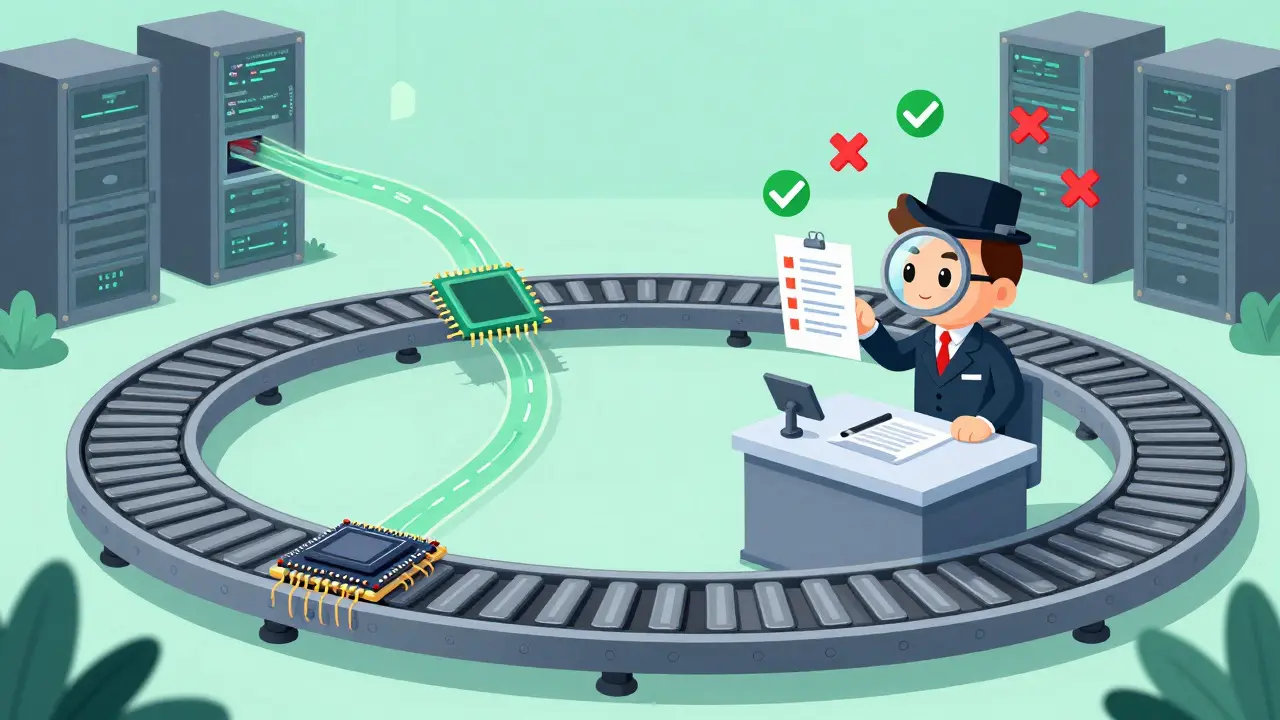 Conveyor belt showing automated model testing and evaluation loop