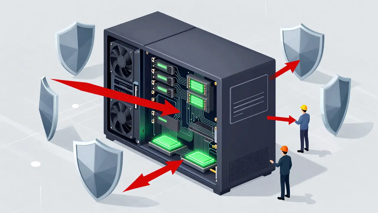 Cutaway diagram of a GPU server with firewall shields blocking cyber threats.