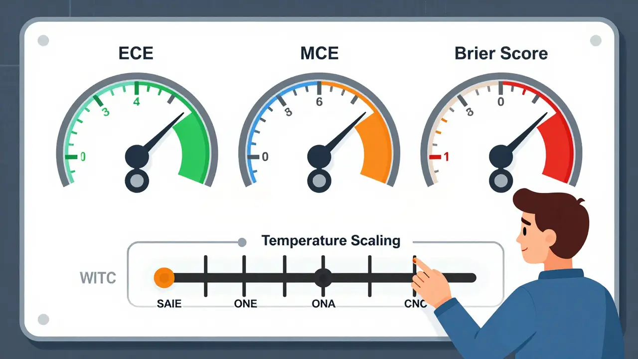 Dashboard gauges for AI calibration metrics being adjusted