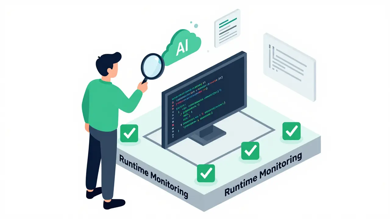 Developer verifying AI code with runtime monitoring tools in illustration