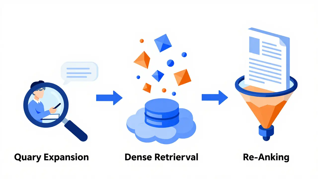 Diagram of LLM search pipeline: expansion, retrieval, and re-ranking