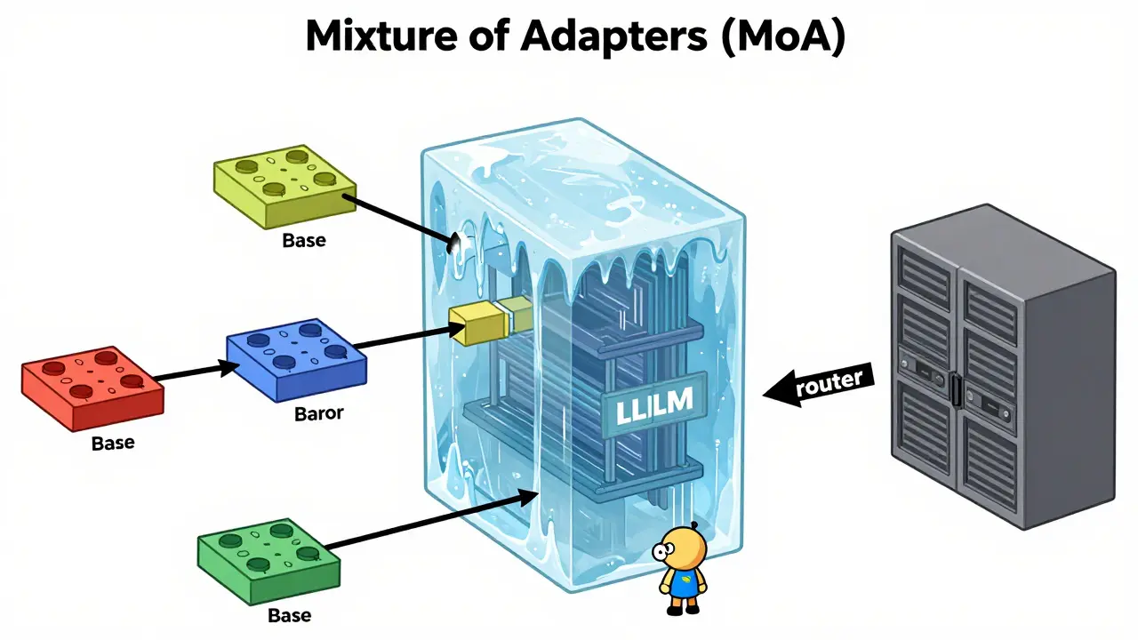Diagram of modular adapters routing queries to a base AI model
