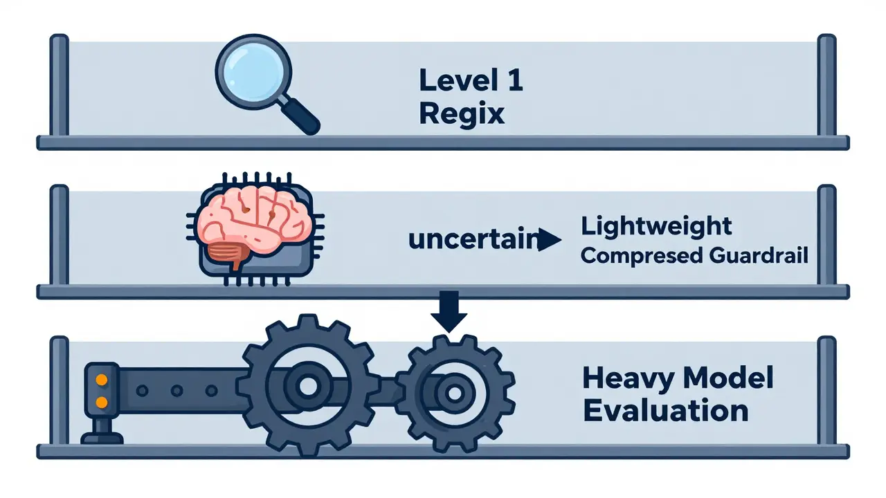 Diagram of three-tier AI safety system with confidence-based decision escalation