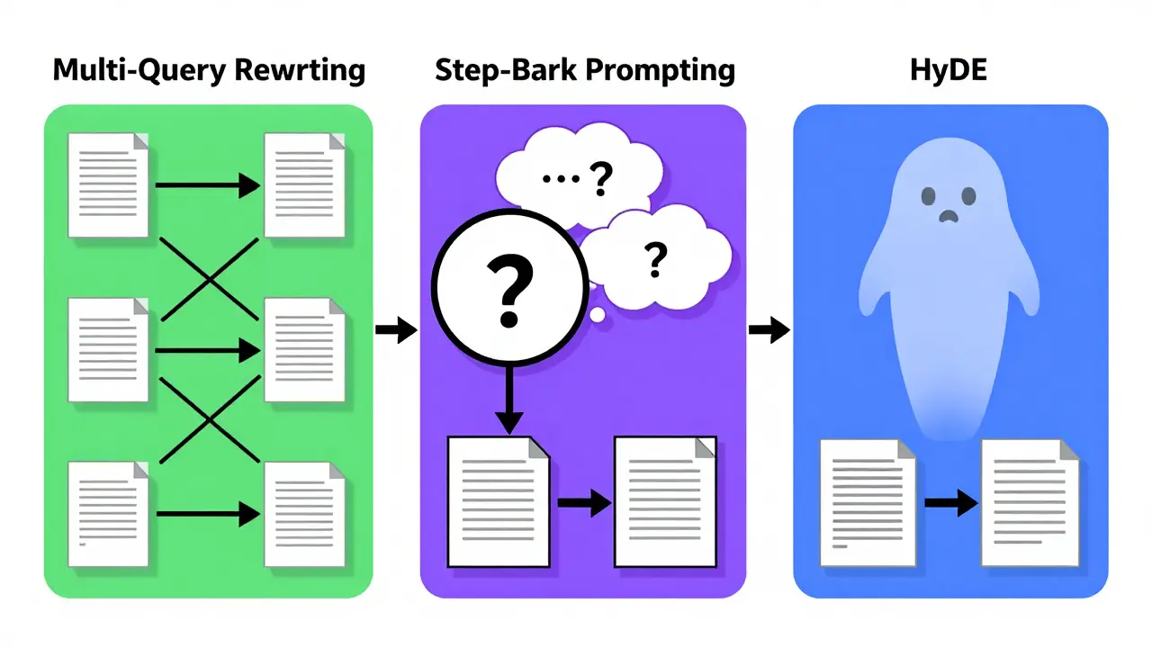 Diagram showing multi-query, step-back, and HyDE techniques