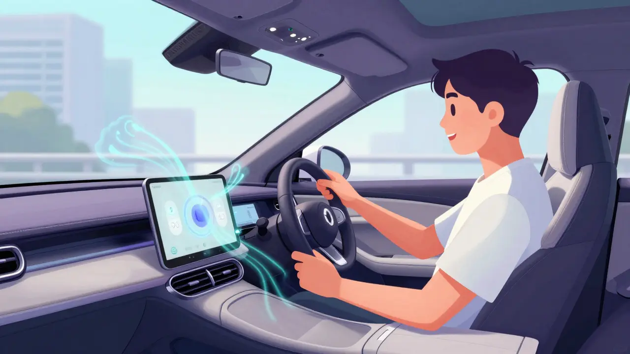 Driver interacting with intelligent voice assistant in car cabin
