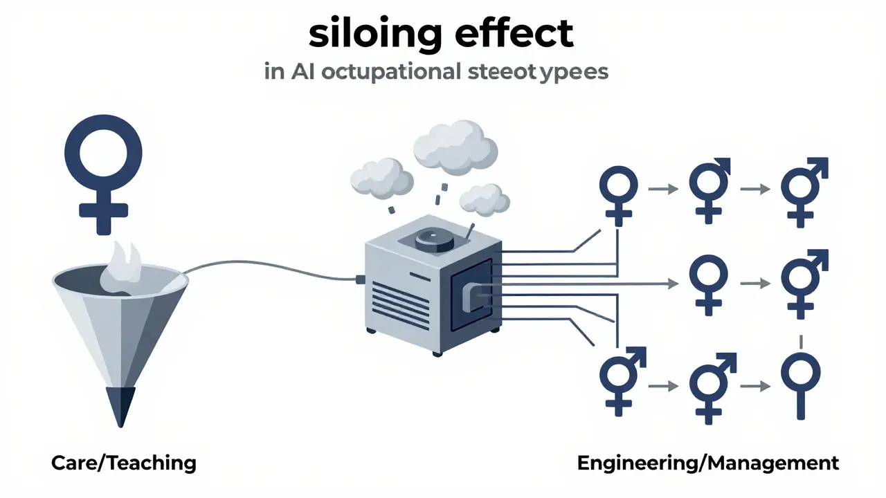 Flowchart illustrating AI siloing women into specific job categories
