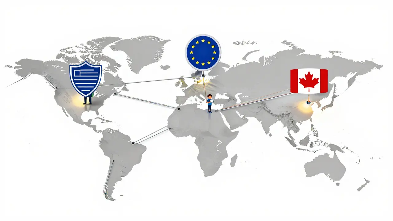 Global circuit board map linking US, EU, and Canada privacy regulations