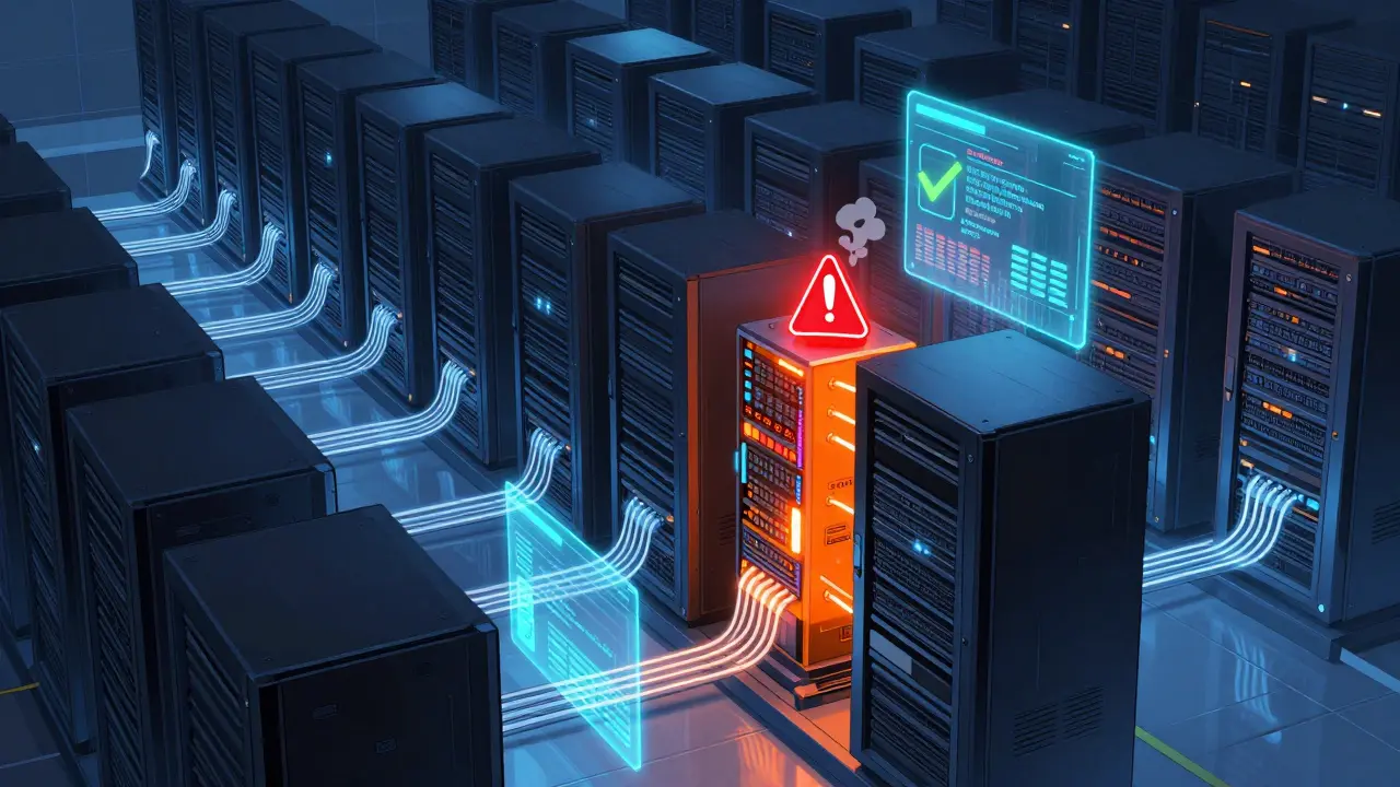 GPU server cluster with one failing node highlighted