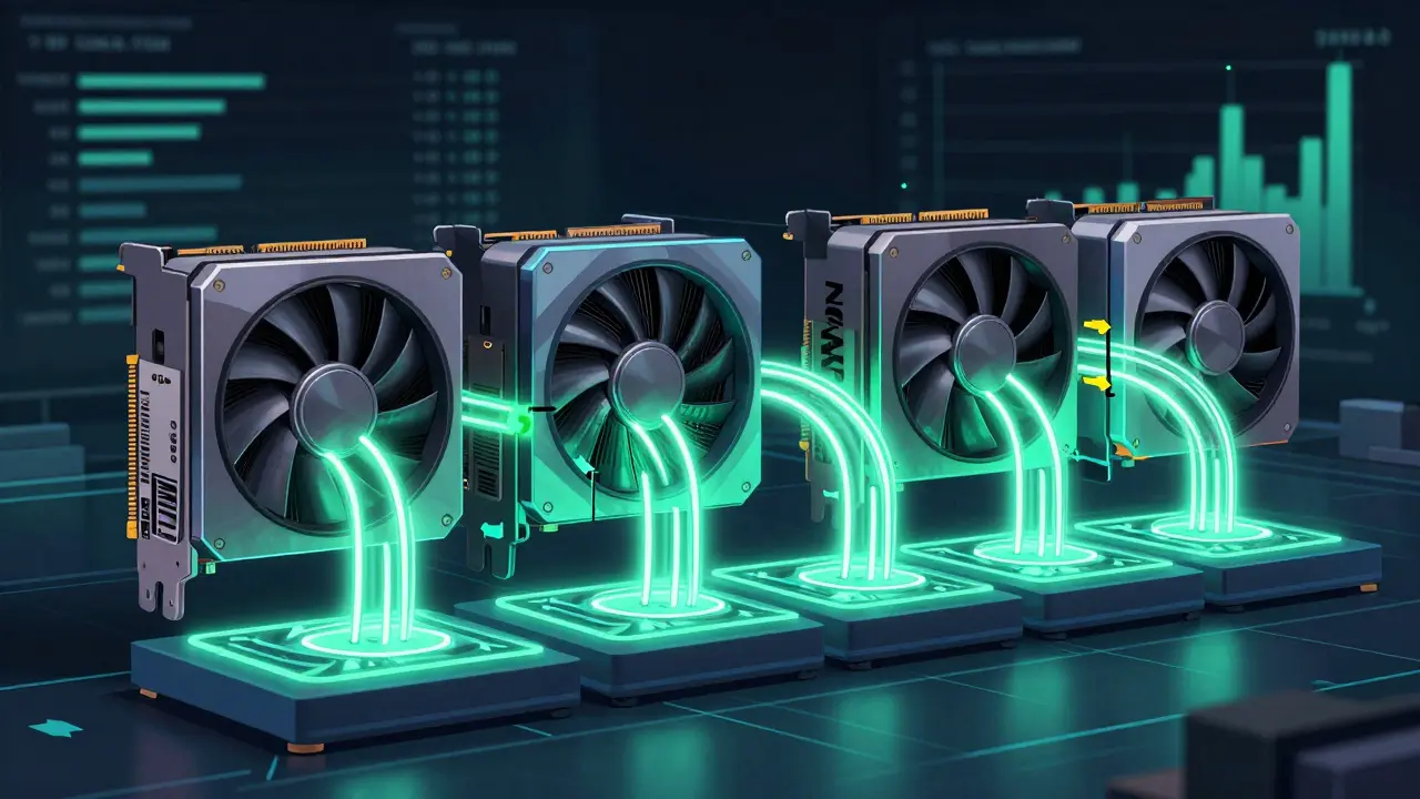 GPUs connected by glowing links processing sliced neural network layers