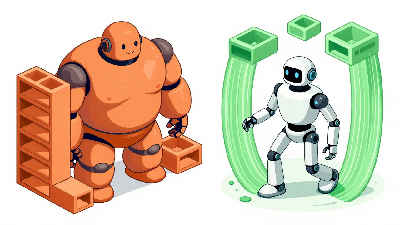 Illustration comparing a bloated inefficient AI model vs a balanced efficient one