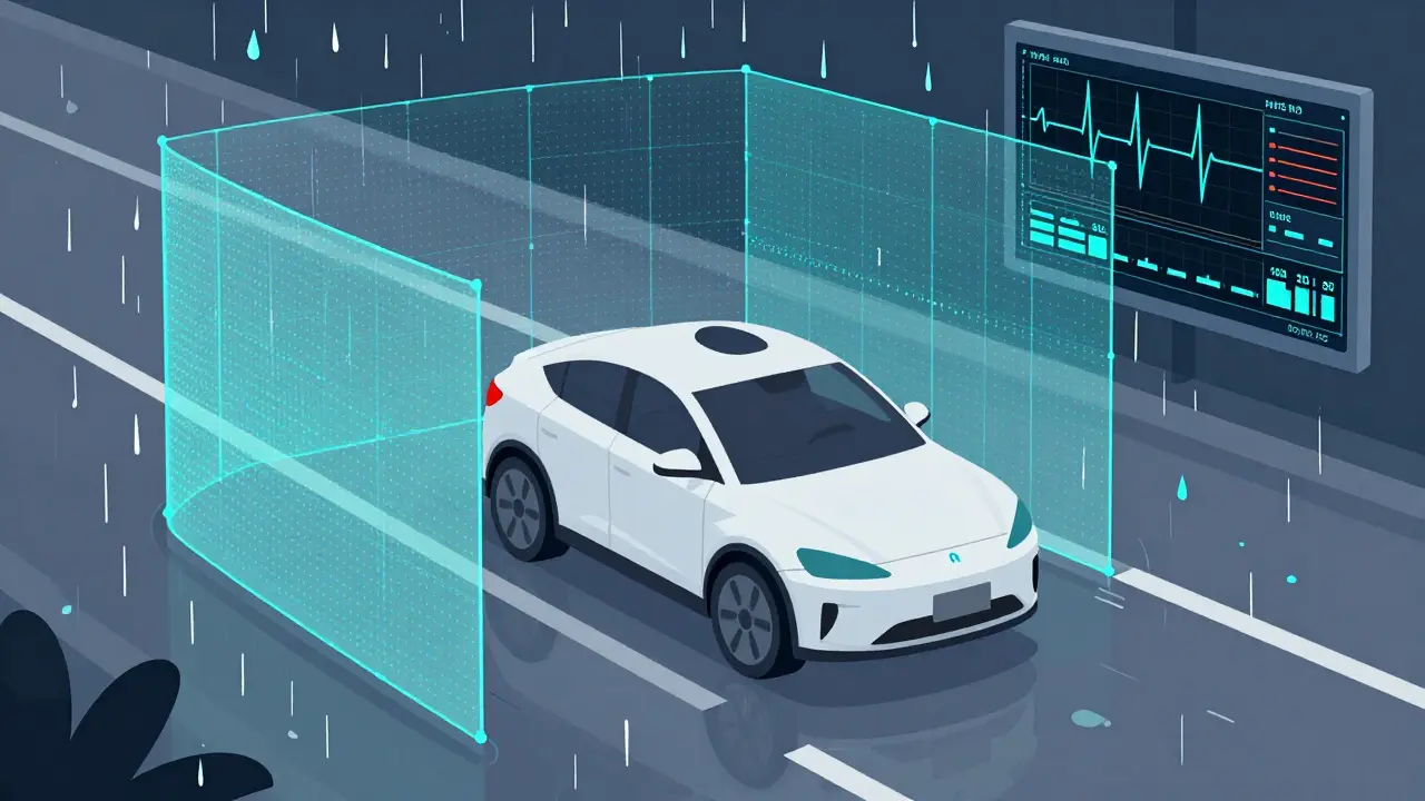 Illustration of a self-driving car in a simulated rainy environment with lidar and telemetry overlays.