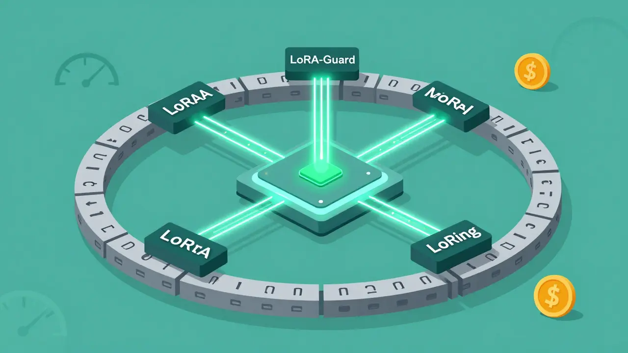 Illustration of LoRA adapters and caching loops optimizing model efficiency